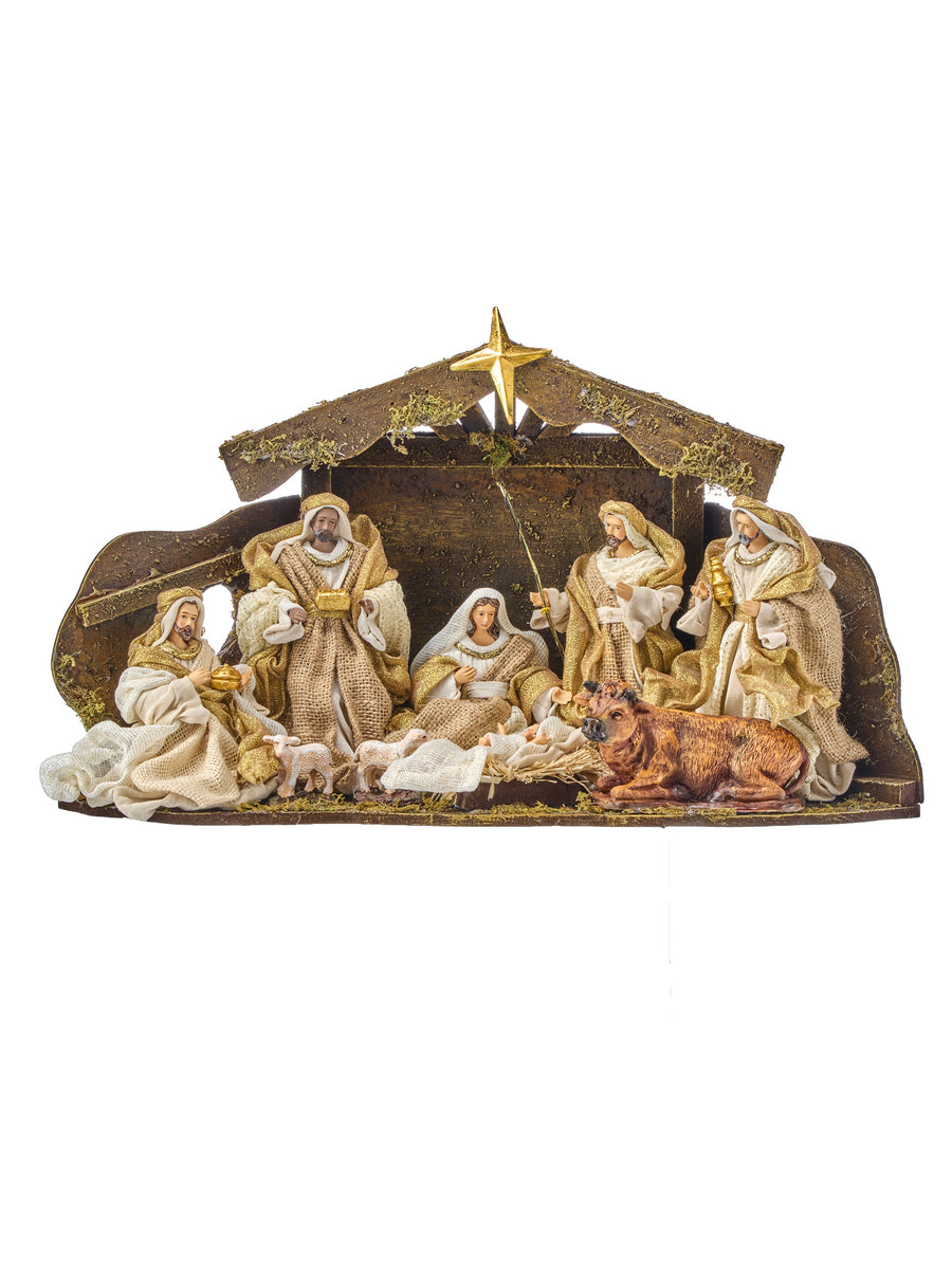 Crèche de Noël en bois avec scène de la Nativité – Naturel et crème