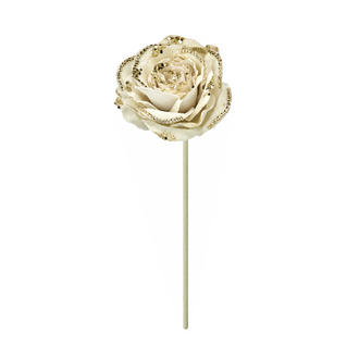 Tige de rose décorative pailletée et perlée – Crème et or
