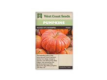 Sachet Rouge Vif d’Étampes de West Coast Seeds avec un bandeau vert pâle et le nom sur fond brun. Une grosse citrouille aplatie, rouge orangé et profondément côtelée, domine la photo. D’autres fruits orange l’entourent. Le pédoncule central est beige et incliné. Le bas du sachet présente du texte sur une zone beige.