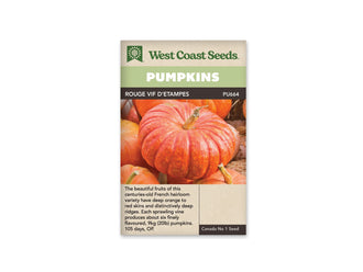 Sachet Rouge Vif d’Étampes de West Coast Seeds avec un bandeau vert pâle et le nom sur fond brun. Une grosse citrouille aplatie, rouge orangé et profondément côtelée, domine la photo. D’autres fruits orange l’entourent. Le pédoncule central est beige et incliné. Le bas du sachet présente du texte sur une zone beige.