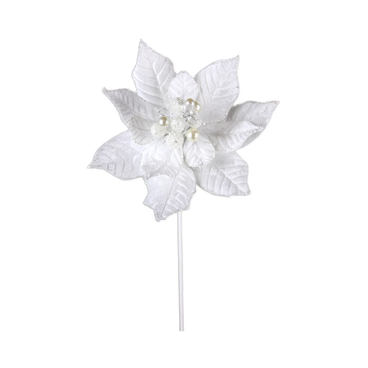 Tige de poinsettia en velours pailleté blanc 18"