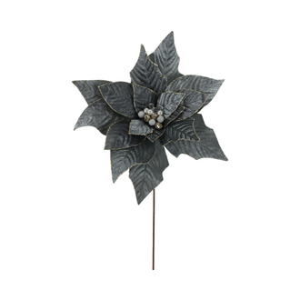Tige de poinsettia en velours avec bijou bleu gris 19"