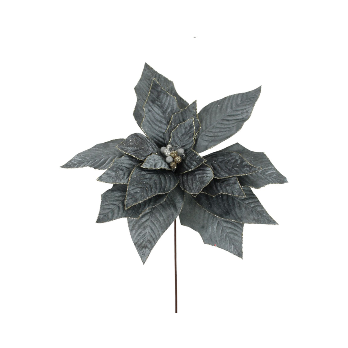 Tige de poinsettia en velours de luxe avec bijou bleu gris 20"