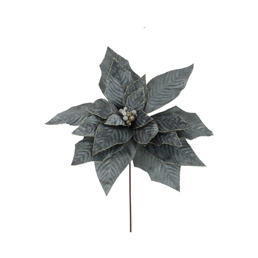 Tige de poinsettia en velours de luxe avec bijou bleu gris 20"