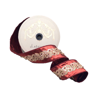 Ruban velours soie métallique centre fleuri sequins rouge foncé 6,5 cm x 9 m