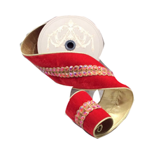 Ruban velours bijou feuilles févier aurore boréale rouge 10 cm x 4,5 m