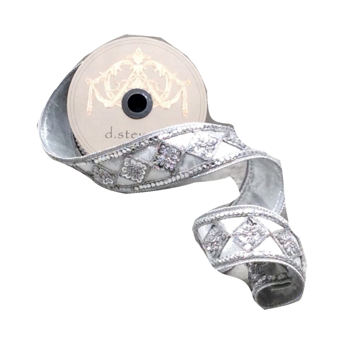 Ruban velours soie métallique centre bijou diamant sequins argent 5 cm x 4,5 m