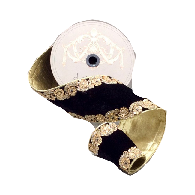 Ruban latéral velours bijou fleuri or noir 10 cm x 4,5 m