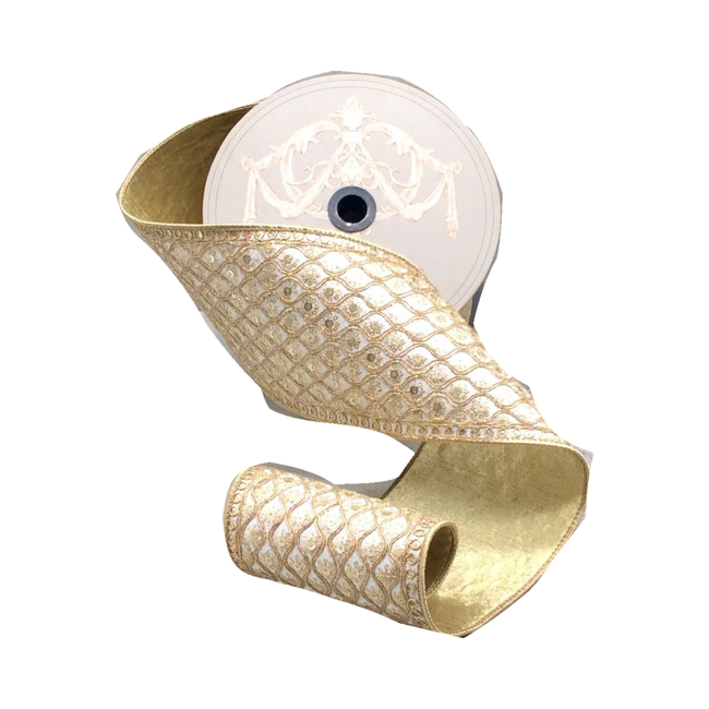 Ruban soie bourges sequins or blanc hivernal 11,5 cm x 9 m