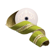 Ruban velours bijou feuilles févier aurore boréale lime 10 cm x 4,5 m