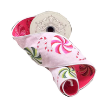 Ruban velours brodé rouge rose vert bonbon blanc hivernal – 4 po × 5 verges