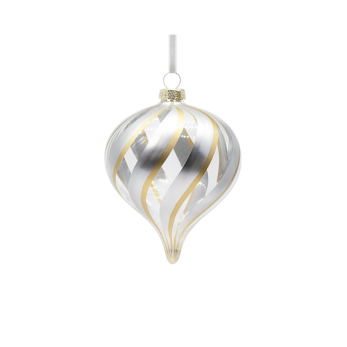 Boule en verre oignon tourbillon de paillettes argent transparent 4"