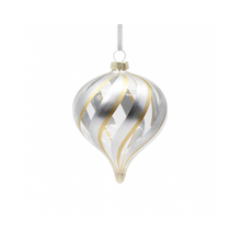 Boule en verre oignon tourbillon de paillettes argent transparent 4"