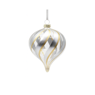 Boule en verre oignon tourbillon de paillettes argent transparent 4"