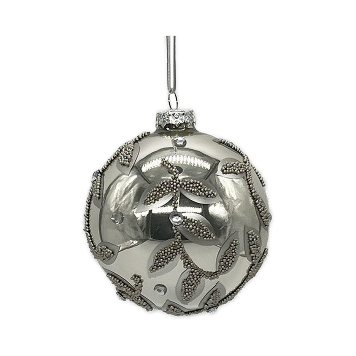 Boule en verre feuilles perlées platine 4"