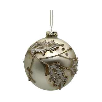 Boule en verre feuilles houx paillettes platine 4"