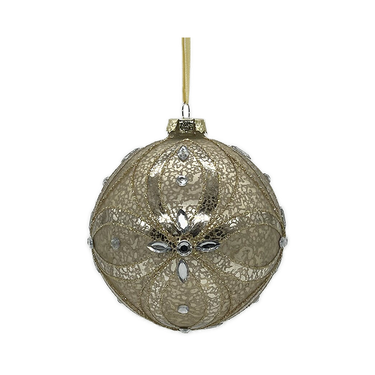 Boule en verre fleur paillettes mercure or clair – 120 mm