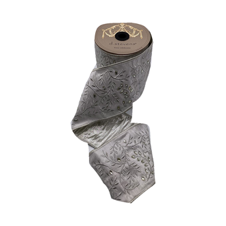 Ruban soie broderie feuilles bijoux argent 10 cm x 4,5 m