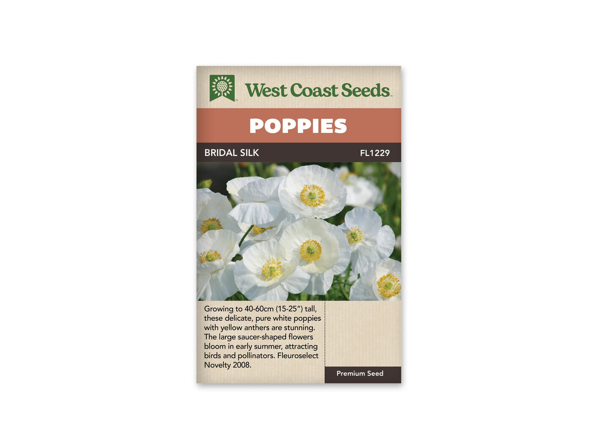 Sachet Bridal Silk de West Coast Seeds sur fond blanc. La photo montre plusieurs fleurs blanches aux pétales froissés, ouvertes autour de centres verts entourés d’étamines jaunes. Des tiges et du feuillage vert apparaissent entre les corolles, avec quelques fleurs floues à l’arrière. Le bandeau orange indique Poppies et la bande brune Bridal Silk, code FL1229.