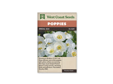 Sachet Bridal Silk de West Coast Seeds sur fond blanc. La photo montre plusieurs fleurs blanches aux pétales froissés, ouvertes autour de centres verts entourés d’étamines jaunes. Des tiges et du feuillage vert apparaissent entre les corolles, avec quelques fleurs floues à l’arrière. Le bandeau orange indique Poppies et la bande brune Bridal Silk, code FL1229.