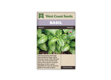 Sachet West Coast Seeds de Basilic ‘Dolly’, présenté de face sur fond blanc. Des feuilles vertes brillantes et allongées se superposent dans la photographie du sachet. Leurs nervures claires et leurs marges légèrement dentées sont visibles; un symbole biologique apparaît en haut à droite. Un bandeau mauve indique BASIL, au-dessus du nom imprimé sur fond foncé. Le bas beige contient un texte descriptif en anglais.