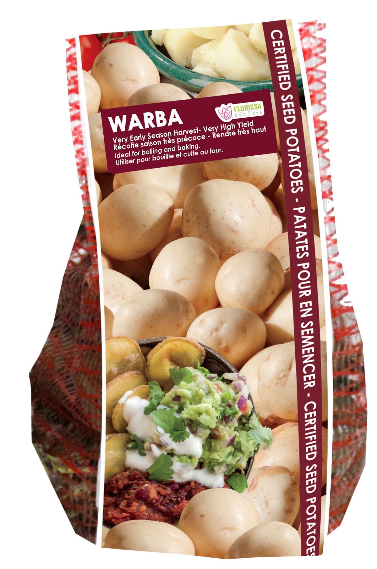 Pomme de terre ‘Warba’ ( Solanum tuberosum ) : un sachet vertical illustré de pommes de terre à peau claire. La présentation montre l’emballage avec une illustration du produit et son nom imprimé sur l’étiquette. Les informations sont regroupées sur la face visible, tandis que la photographie met en évidence le contenu ou la plante illustrée. Cette vue vous aide à reconnaître le produit présenté et son conditionnement.