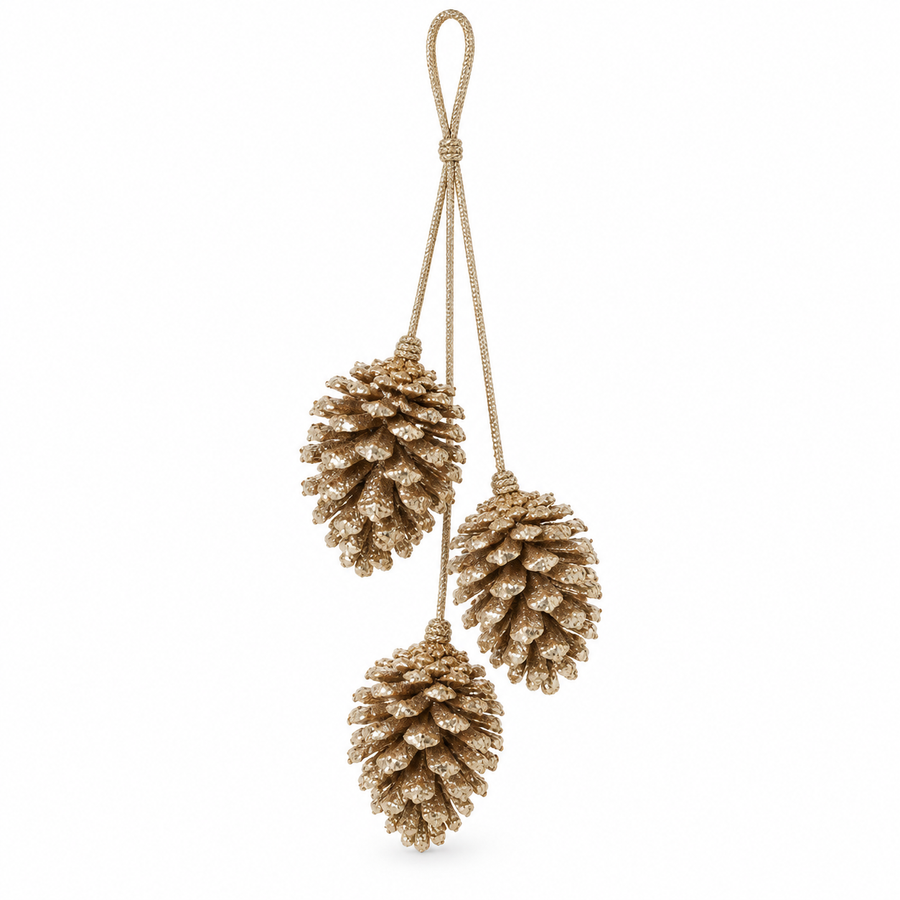 Ornement suspendu de 3 pommes de pin à paillettes champagne – fond blanc pur
