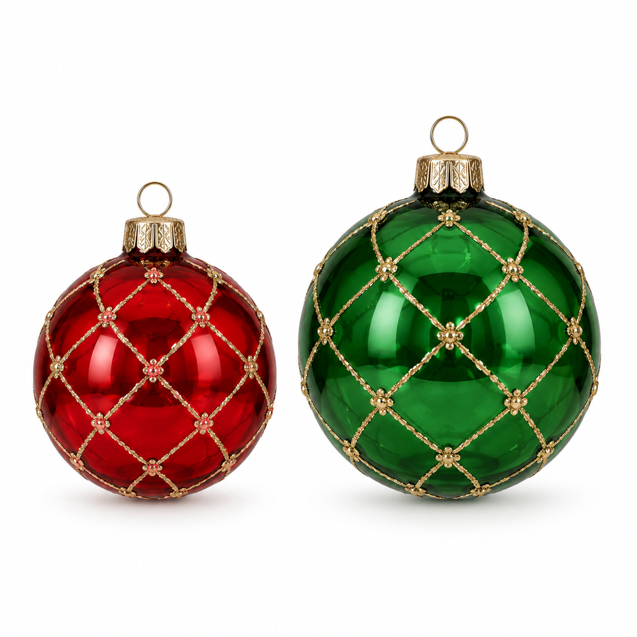 Ornements en verre à treillis rouge et vert – 2 modèles assortis – fond blanc pur