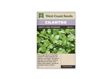 Sachet de coriandre West Coast Seeds sur fond blanc. La photographie centrale montre un feuillage vert découpé, aux feuilles larges et lobées. Le bandeau mauve porte le mot CILANTRO. La ligne foncée indique SANTO LONG STANDING. Un texte en anglais se trouve dans la zone beige du bas, sous l’image des feuilles.
