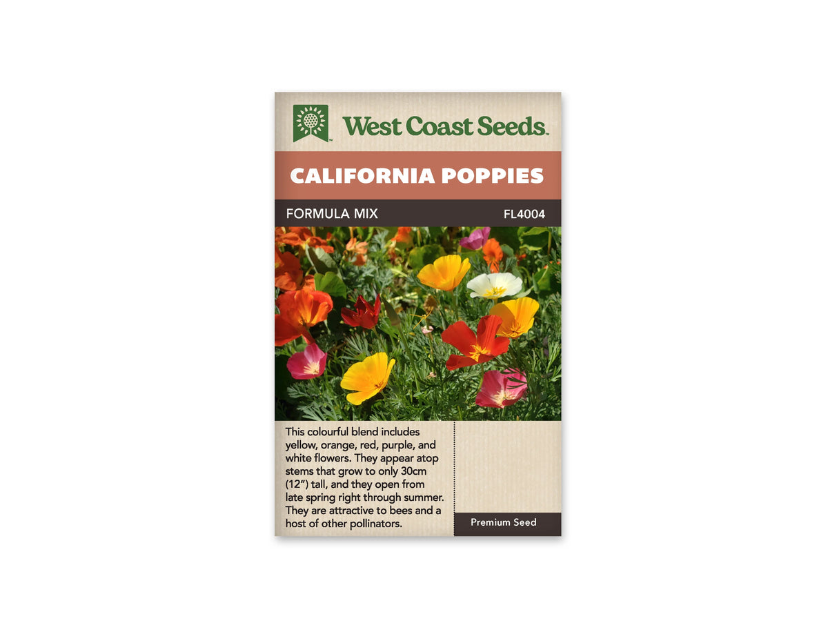 Sachet Formula Mix de West Coast Seeds sur fond blanc. La photo montre des fleurs simples en coupe, jaunes, orange, rouges, roses et blanches, parmi un feuillage vert très découpé. Des boutons allongés se dressent entre les corolles ouvertes. Le bandeau orange indique California Poppies et la bande brune porte Formula Mix ainsi que le code FL4004.