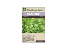 Sachet de coriandre West Coast Seeds présenté de face sur fond blanc. L’image centrale montre des feuilles vertes lobées et découpées, réunies en un feuillage dense. Le bandeau mauve porte CILANTRO et la ligne foncée indique CALYPSO. La partie beige inférieure contient une description en anglais, sous la photographie de la plante.