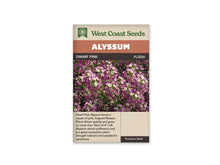 Sachet d’alysse Dwarf Pink de West Coast Seeds, présenté de face sur fond blanc. La photo centrale montre une masse de petites fleurs roses et mauves, avec des fleurs plus pâles et du feuillage vert. Le nom Dwarf Pink et le code FL2026 apparaissent sous le bandeau Alyssum. Les indications de l’emballage sont en anglais.