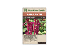 Sachet d’amarante Love-Lies-Bleeding de West Coast Seeds sur fond blanc. La photo montre de longs cordons floraux bordeaux, formés de groupes arrondis, qui pendent parmi des feuilles vertes et des tiges rosées. Le nom et le code FL2073 figurent sous le bandeau Amaranth. Les renseignements du bas de l’emballage sont en anglais.