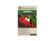 Sachet West Coast Seeds Rover illustré d’une botte de radis rouges posée sur de la terre. Deux racines coupées montrent une chair blanche entourée d’une fine peau rouge. Les fanes vertes s’étendent vers le haut et la droite. Le nom Rover figure dans le bandeau brun, au-dessus de la photo du sachet.