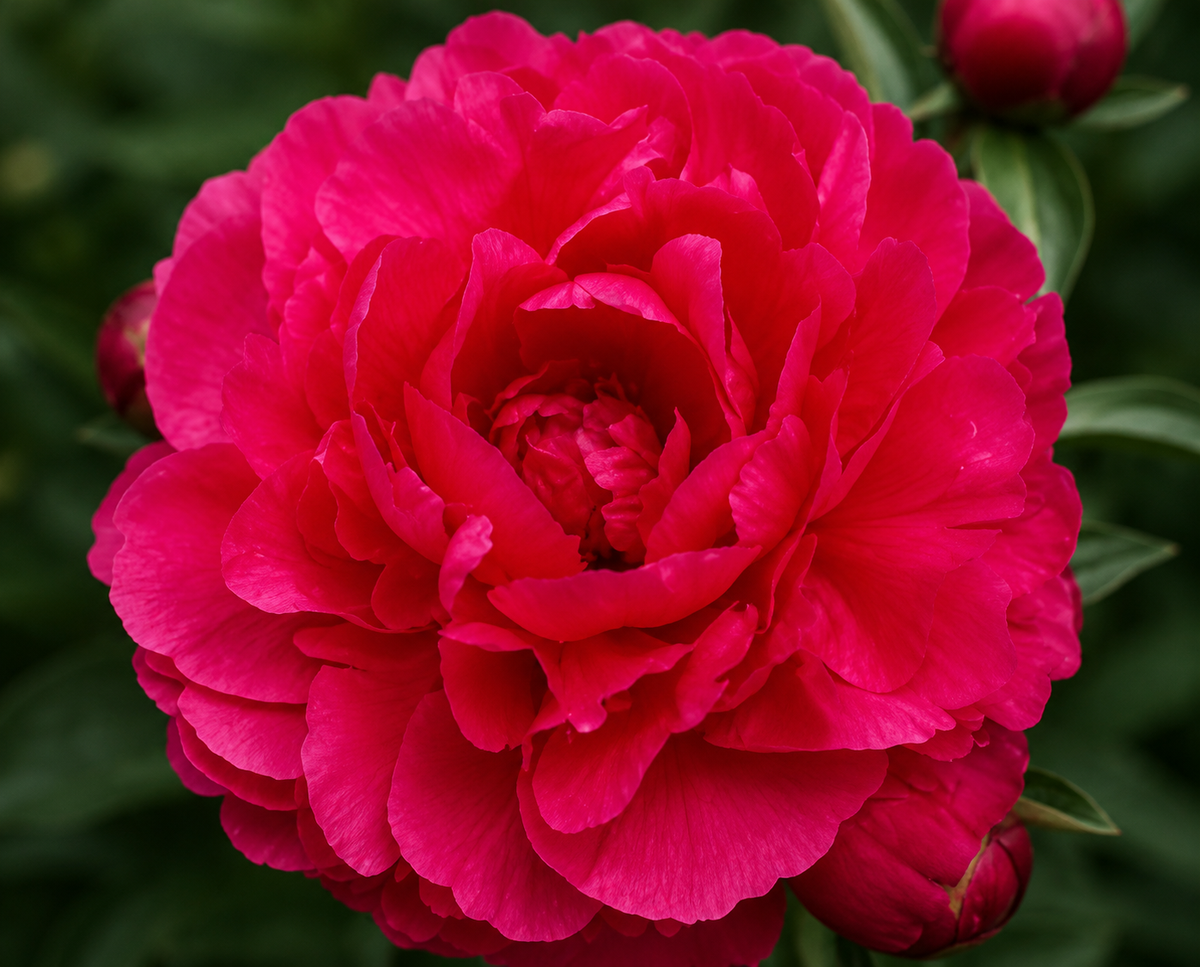 Pivoine ‘Kansas’ (1 racine) ( Paeonia ) : une pivoine double rouge pourpré photographiée de près. Cette photographie montre le sujet de près et permet d’en observer les formes, les couleurs et la disposition. Le cadrage attire l’attention sur les éléments visibles au premier plan. Cette vue complète la présentation du produit en donnant un aperçu de son apparence à cette étape, dans la scène photographiée.