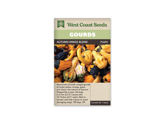 Sachet Autumn Wings Blend de West Coast Seeds, avec une bande vert pâle et le nom sur fond sombre. La photo montre un tas de petites courges jaunes, orange, crème et vert foncé, aux cols courbés et aux reliefs en ailettes. Des fruits bicolores sont visibles. Le bas du sachet porte du texte sur fond beige.