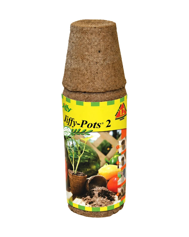 Paquet de 12 pots ronds biodégradables Jiffy de 2 pouces sur fond blanc.