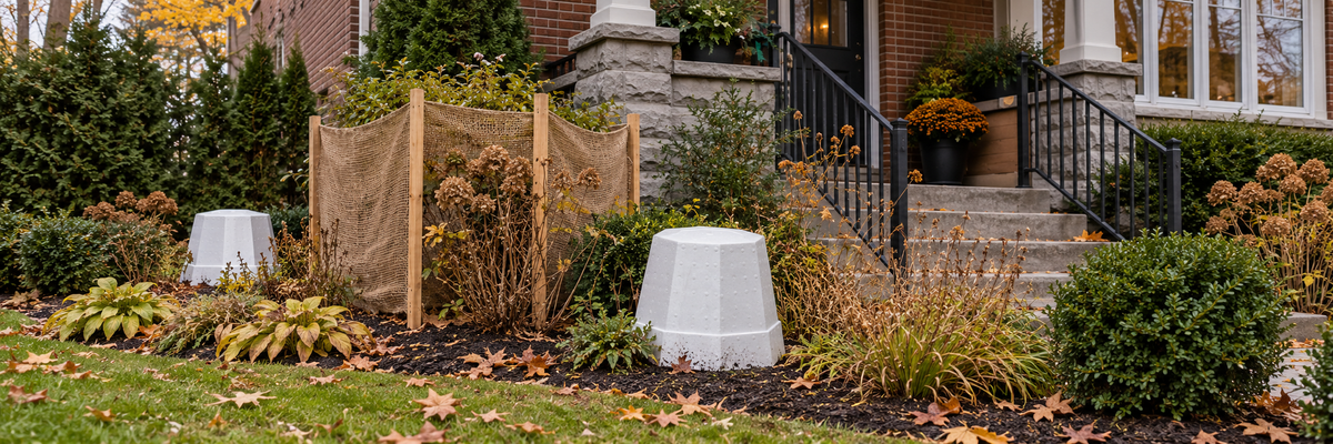 Cônes à rosiers blancs et toile de jute installés dans le jardin automnal d’une maison en briques.