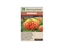 Sachet West Coast Seeds Queeny Lime Orange, avec une fleur double vue de près. Les pétales du bas sont orange corail, ceux du haut plus pâles, dans des tons jaunes et verts. Un cœur rouge foncé se trouve au centre. Des feuilles vertes et des fleurs floues forment le fond de la photo.
