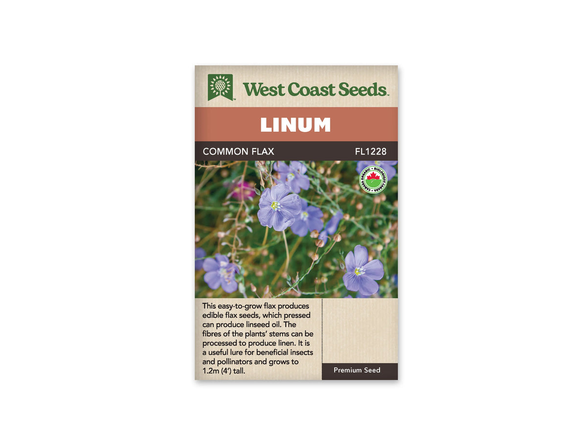 Sachet Common Flax Organic de West Coast Seeds sur fond blanc. La photo montre des fleurs bleu violet à cinq pétales, des centres jaunes et des tiges fines. Des capsules brunes et des feuilles vertes étroites sont visibles entre les fleurs. Le bandeau orange porte Linum, la bande brune Common Flax Organic, avec le code FL1228 et le logo biologique canadien.