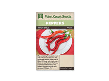 Sachet West Coast Seeds de piment Witch Stick avec bandeau vert et nom sur une ligne foncée. La photo montre plusieurs longs fruits rouges, fins et courbés, disposés sur une assiette blanche à bord rouge. Leurs pédoncules verts sont groupés vers le haut. Les fruits présentent des formes sinueuses. Le texte apparaît dans le bas beige du sachet.