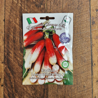 Image de Radis français ‘Astuce n°2 Punta Bianca Rosso’ ( Raphanus sativus ). Radis français ‘Astuce n°2 Punta Bianca Rosso’ est une variété destinée au potager et convient aux jardiniers qui souhaitent suivre une culture clairement identifiée du semis à la récolte. Son nom botanique est Raphanus sativus. Le sachet permet de planifier les semis selon la saison, l’espace disponible et les conditions propres au jardin.