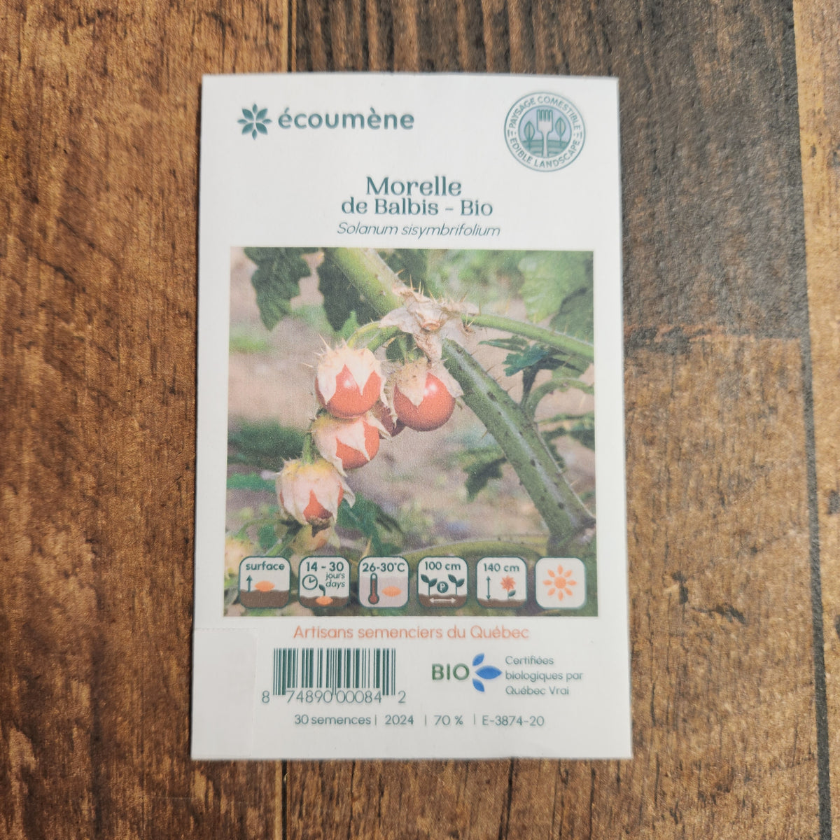 Sachet de semences Morelle de Balbis. Emballage blanc photographié de face sur un fond de bois brun. Une image du végétal occupe la partie centrale, sous le nom imprimé. De petits pictogrammes et un code-barres apparaissent au bas du sachet. La marque Écoumène figure dans la partie supérieure de cette présentation.