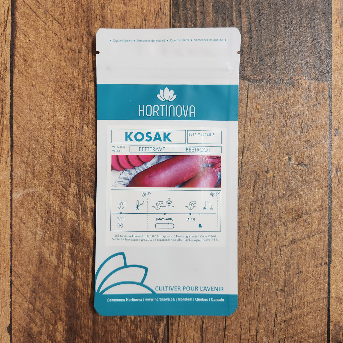 Semences Hortinova de Betterave 'Kosak', produit destiné au potager et présenté pour identifier clairement le cultivar avant le semis. Vue 2 de l'emballage ou du produit, à utiliser comme repère visuel avec les conseils de culture, l'exposition, l'arrosage et la récolte indiqués dans la fiche française de Pépinière.ca. Pour Betterave 'Kosak', des observations régulières permettent d'ajuster les soins aux conditions réelles du jardin.
