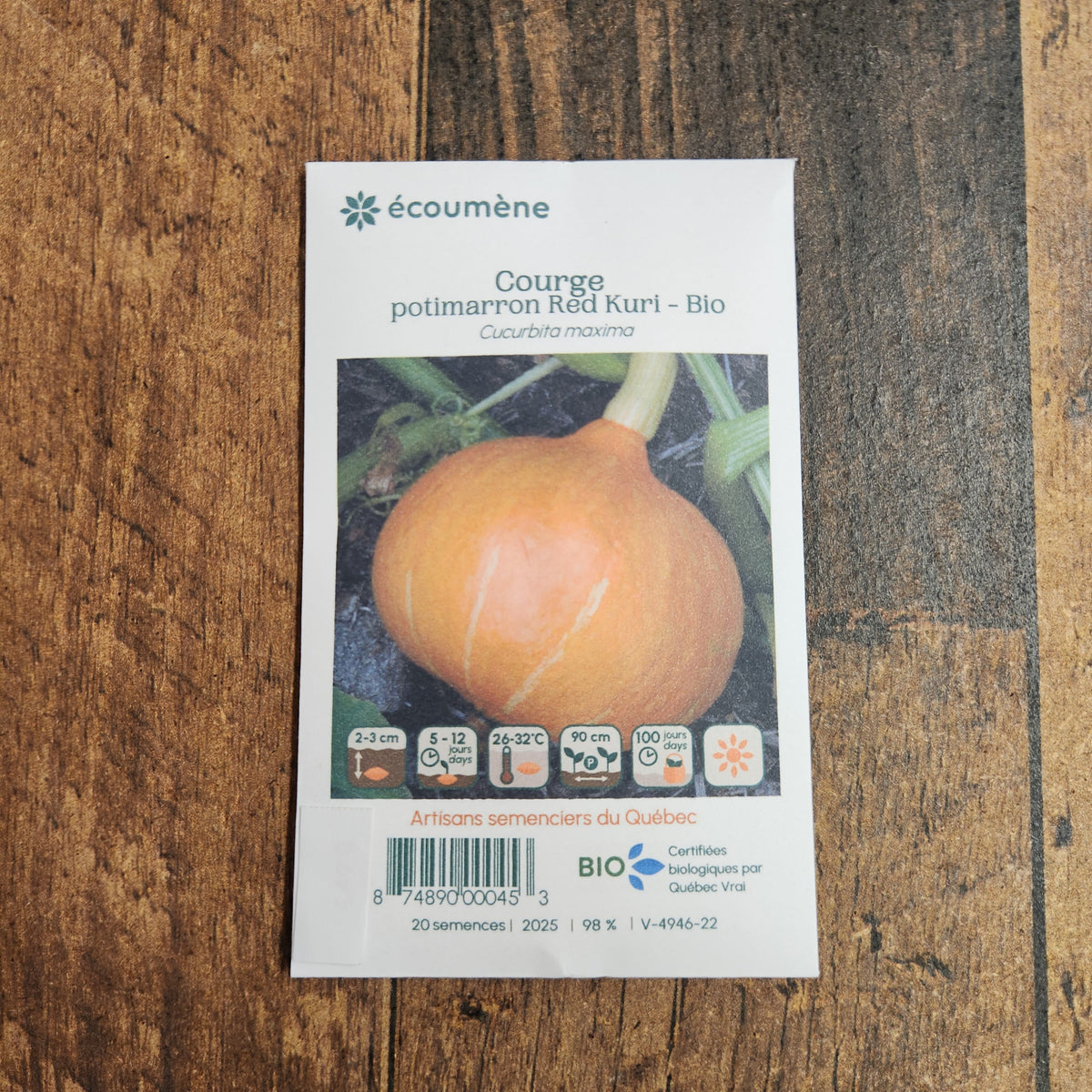 Sachet de semences Courge Red Kuri. Emballage blanc photographié de face sur un fond de bois brun. Une image du végétal occupe la partie centrale, sous le nom imprimé. De petits pictogrammes et un code-barres apparaissent au bas du sachet. La marque Écoumène figure dans la partie supérieure de cette présentation.