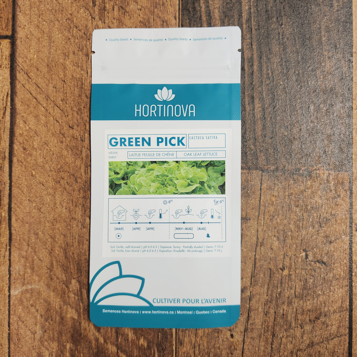 Semences Hortinova de Laitue feuille de chêne verte 'Green Pick', produit destiné au potager et présenté pour identifier clairement le cultivar avant le semis. Vue 2 de l'emballage ou du produit, à utiliser comme repère visuel avec les conseils de culture, l'exposition, l'arrosage et la récolte indiqués dans la fiche française de Pépinière.ca.
