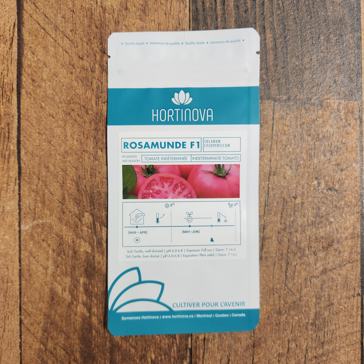 Semences Hortinova de Tomate beefsteak 'Rosamunde' F1, produit destiné au potager et présenté pour identifier clairement le cultivar avant le semis. Vue 2 de l'emballage ou du produit, à utiliser comme repère visuel avec les conseils de culture, l'exposition, l'arrosage et la récolte indiqués dans la fiche française de Pépinière.ca.