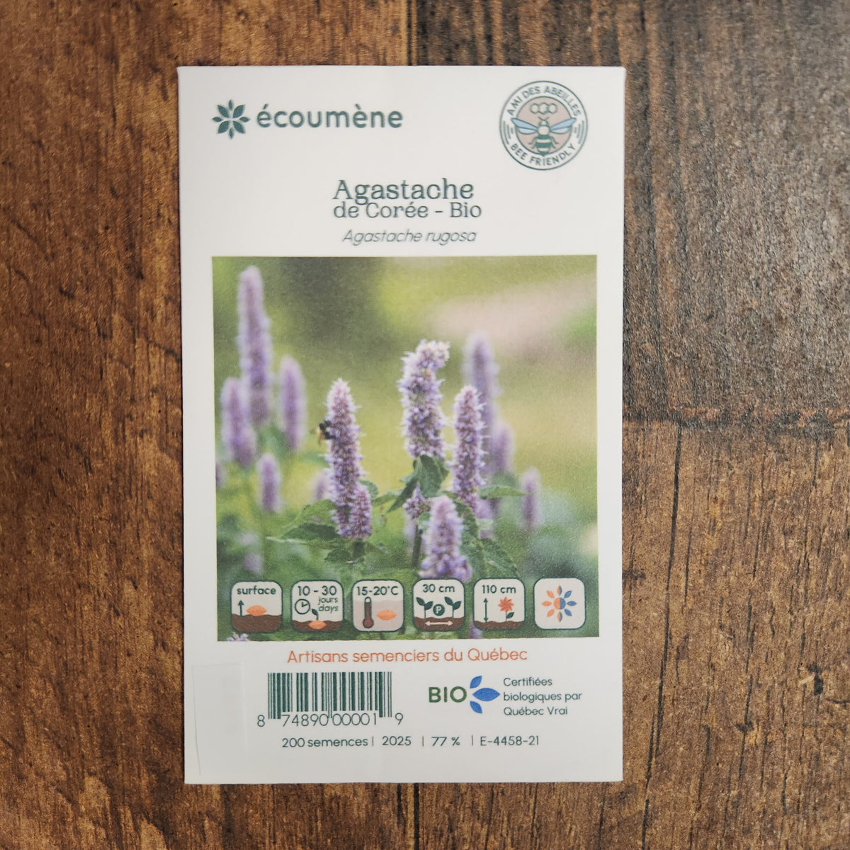 Sachet de semences Agastache de Corée. Emballage blanc photographié de face sur un fond de bois brun. Une image du végétal occupe la partie centrale, sous le nom imprimé. De petits pictogrammes et un code-barres apparaissent au bas du sachet. La marque Écoumène figure dans la partie supérieure de cette présentation.
