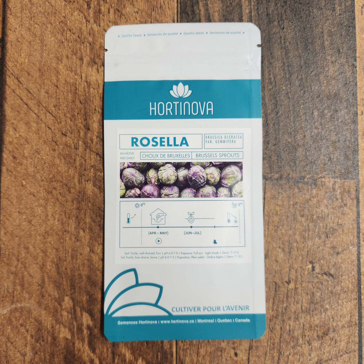 Semences Hortinova de Chou de Bruxelles 'Rosella', produit destiné au potager et présenté pour identifier clairement le cultivar avant le semis. Vue 2 de l'emballage ou du produit, à utiliser comme repère visuel avec les conseils de culture, l'exposition, l'arrosage et la récolte indiqués dans la fiche française de Pépinière.ca.