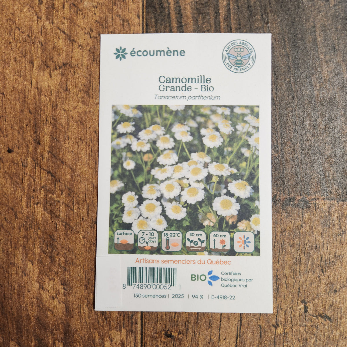 Sachet de semences Camomille grande. Emballage blanc photographié de face sur un fond de bois brun. Une image du végétal occupe la partie centrale, sous le nom imprimé. De petits pictogrammes et un code-barres apparaissent au bas du sachet. La marque Écoumène figure dans la partie supérieure de cette présentation.